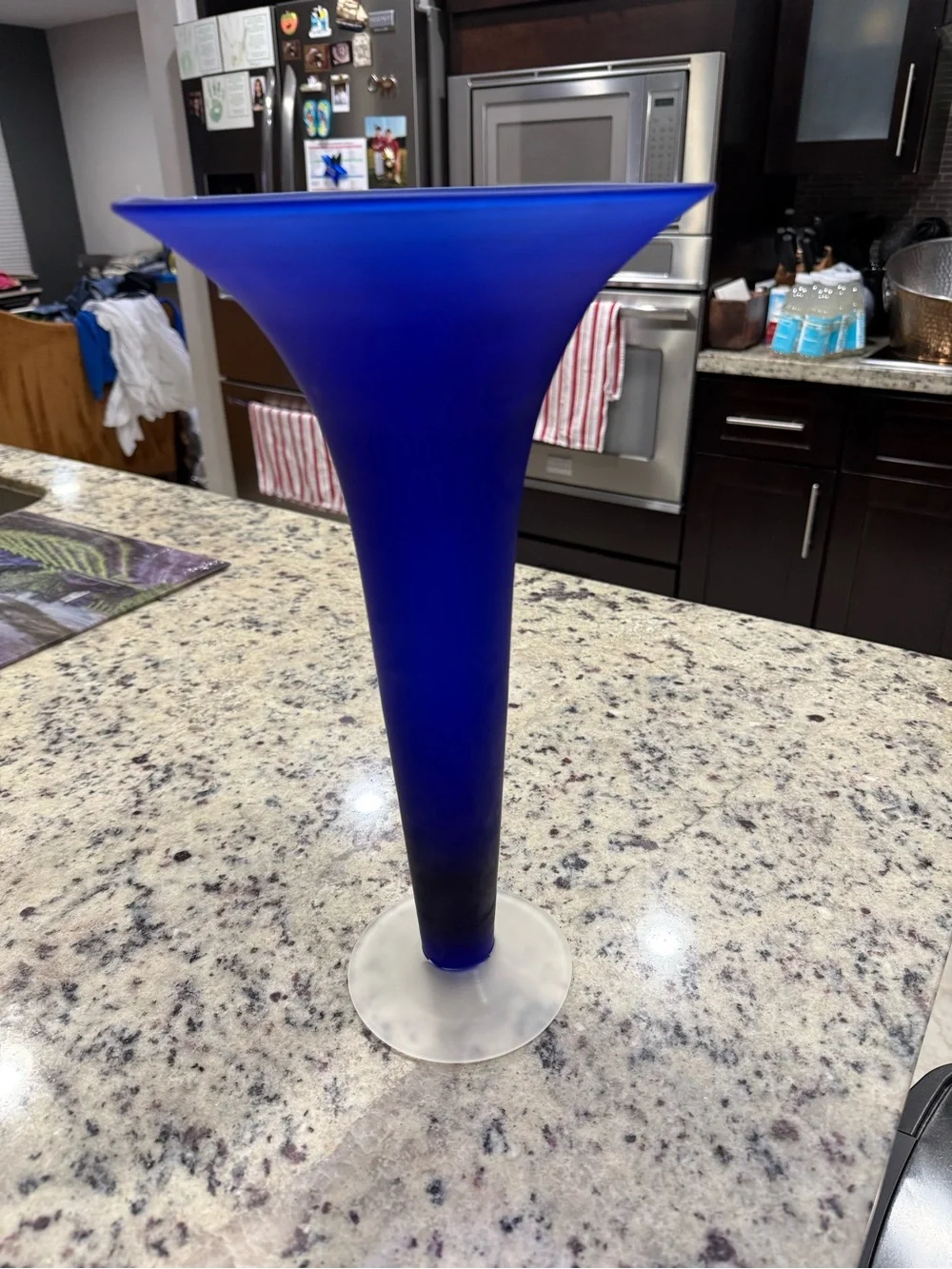 Vintage MCM 15” Hand Blown Cobalt Blue Trumpet Vase Frosted Satin Glass Base